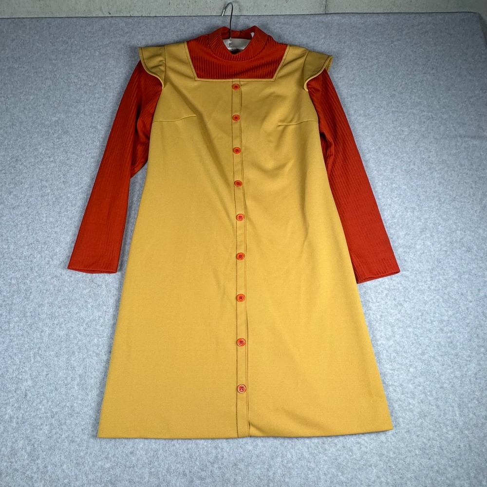 Vintage Hoot Owl Mod Dress Orange Yellow Ribbed Long Sleeve ILGWU Union Made